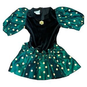 RARE Vintage My Michelle 80s Party Dress Girls 7 Gold Green Black Polka Dots